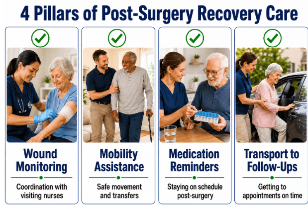 4 pillars of post-surgery recovery care including wound monitoring, mobility assistance, medication reminders, and transportation to follow-up appointments.