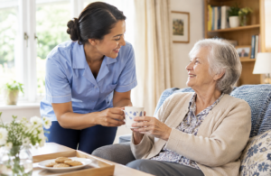 Companion caregiver providing in-home senior care